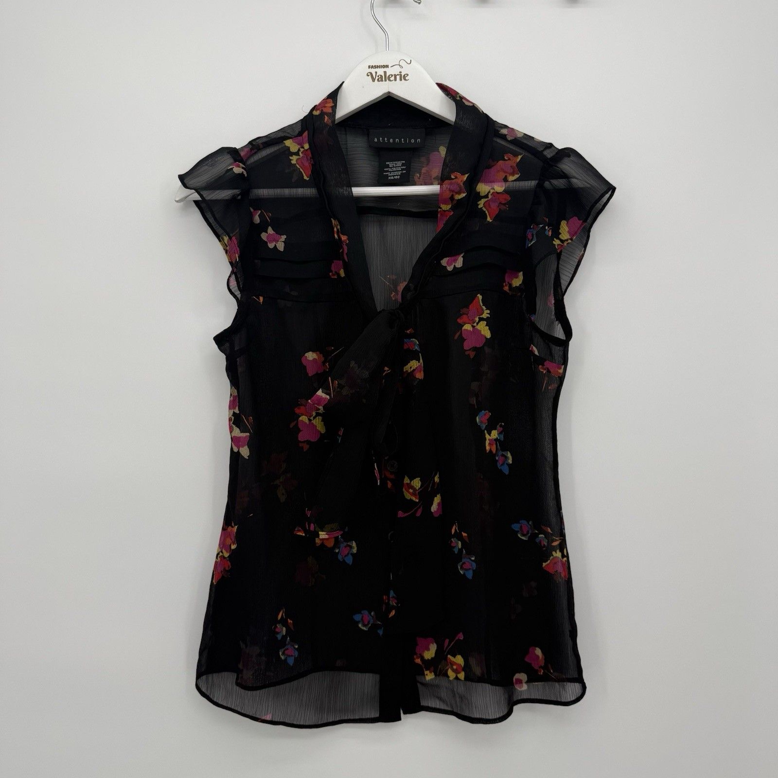 Attention Black Multi Floral Sheer Button Blouse Top Bow Tie Size Xs